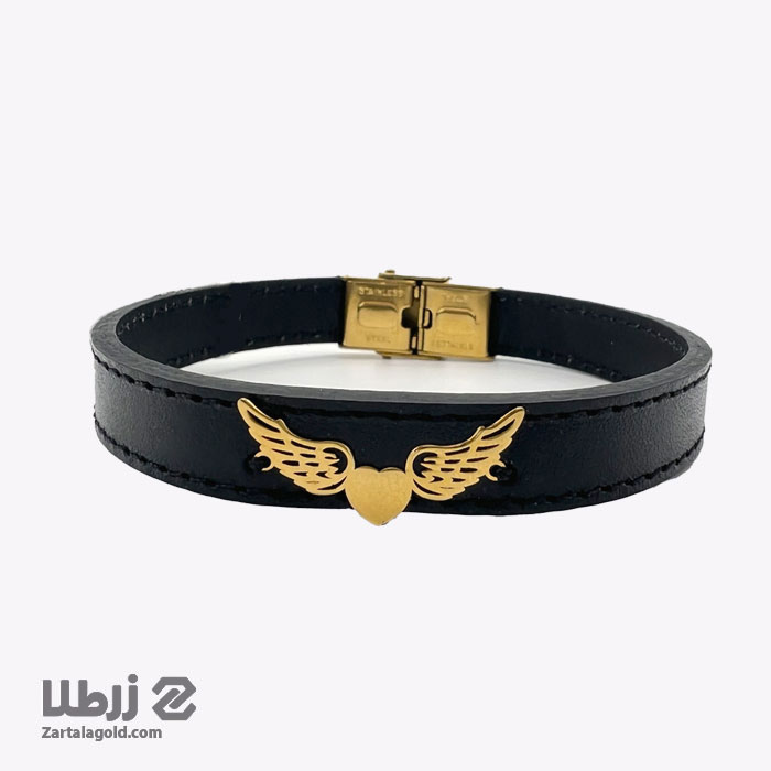 دستبند چرم و طلا با طرح بال فرشته کد B6472 دستبند چرم و طلا با طرح بال فرشته کد B6472