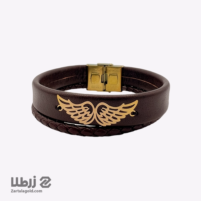 دستبند طلا چرم قهوه ای پلاک طرح بال فرشته کد B6466 دستبند طلا چرم قهوه ای پلاک طرح بال فرشته کد B6466