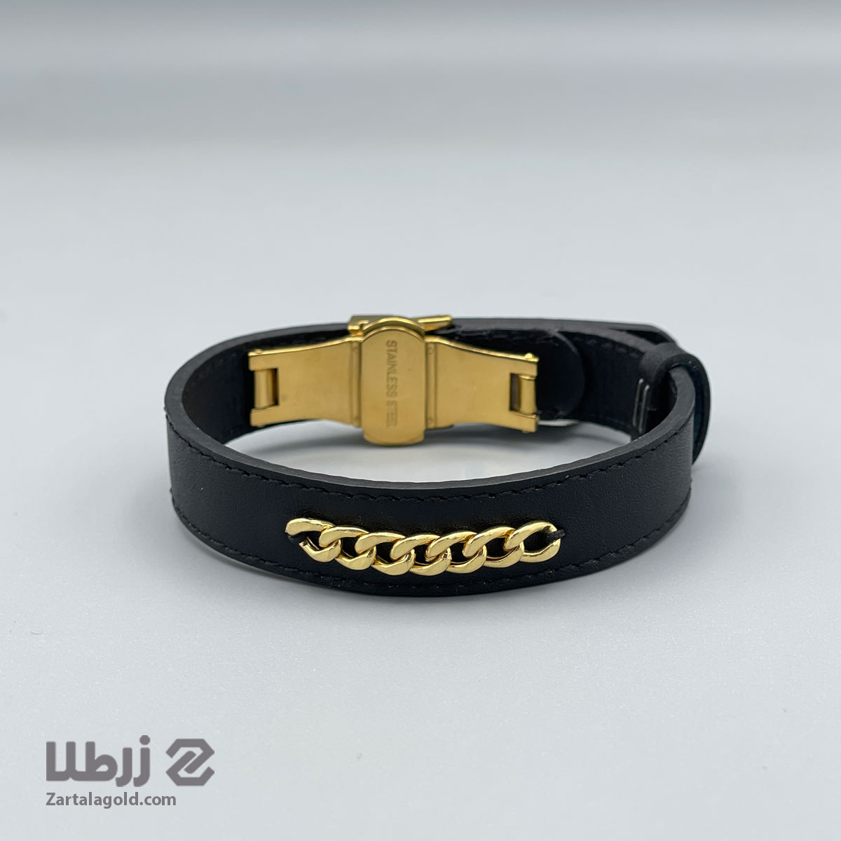 دستبند چرم مشکی و پلاک طلا کارتیه